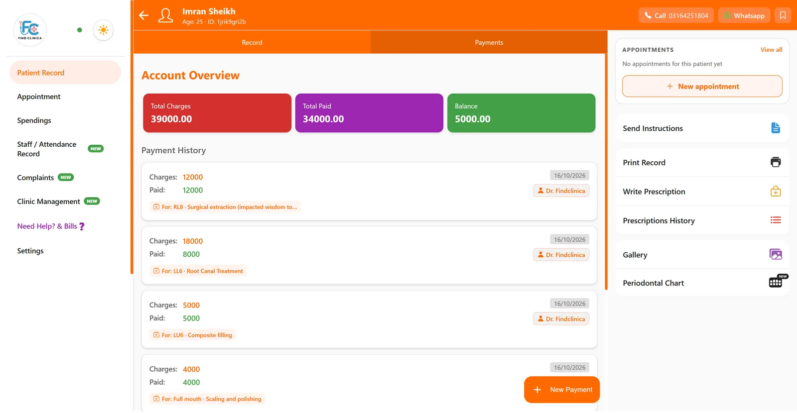 Account overview for one dental patient: total charges, total paid and balance in rupees — FindClinica dentist & medical software