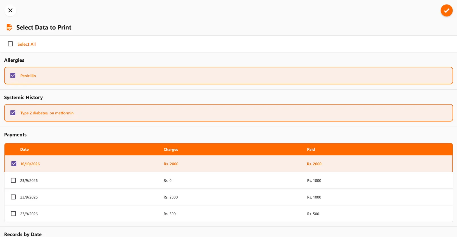 Print Record screen with allergies, systemic history and payments selected for printing — FindClinica dentist & medical software