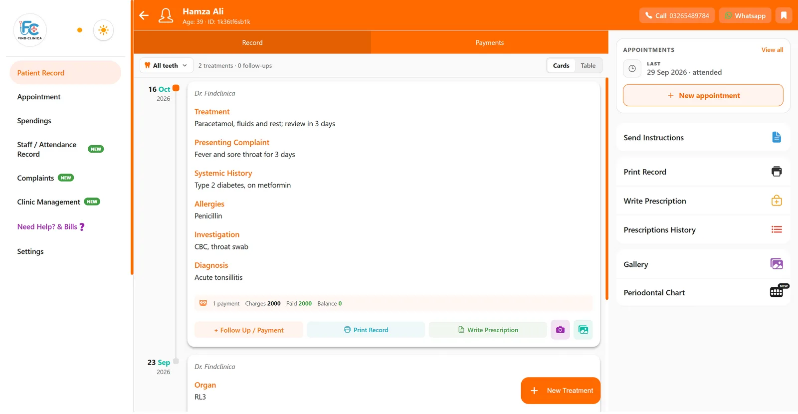 A patient's electronic medical record in FindClinica with history, allergy, investigations and diagnosis — FindClinica dentist & medical software