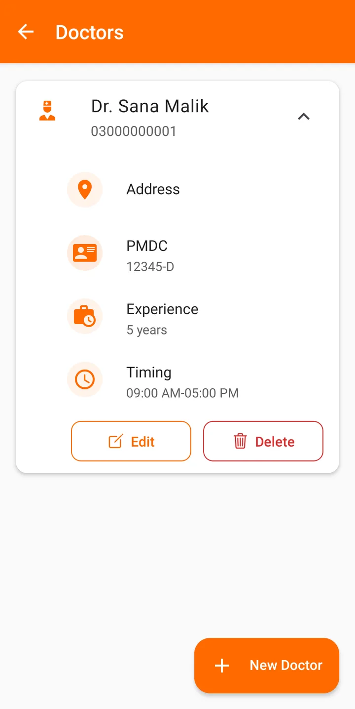 A doctor's details on Android with PMDC number, experience and timing — FindClinica dentist & medical software