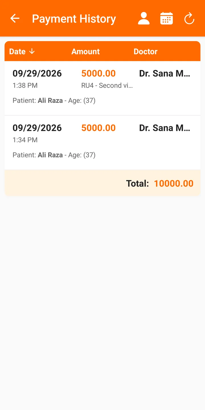 Payment history on Android with a doctor column and a total — FindClinica dentist & medical software
