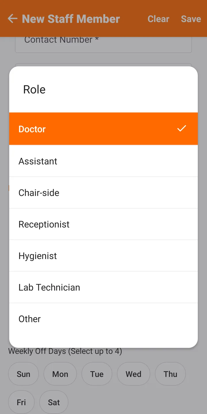Choosing a staff role on Android: doctor, assistant, chair-side, receptionist, hygienist, lab technician — FindClinica dentist & medical software