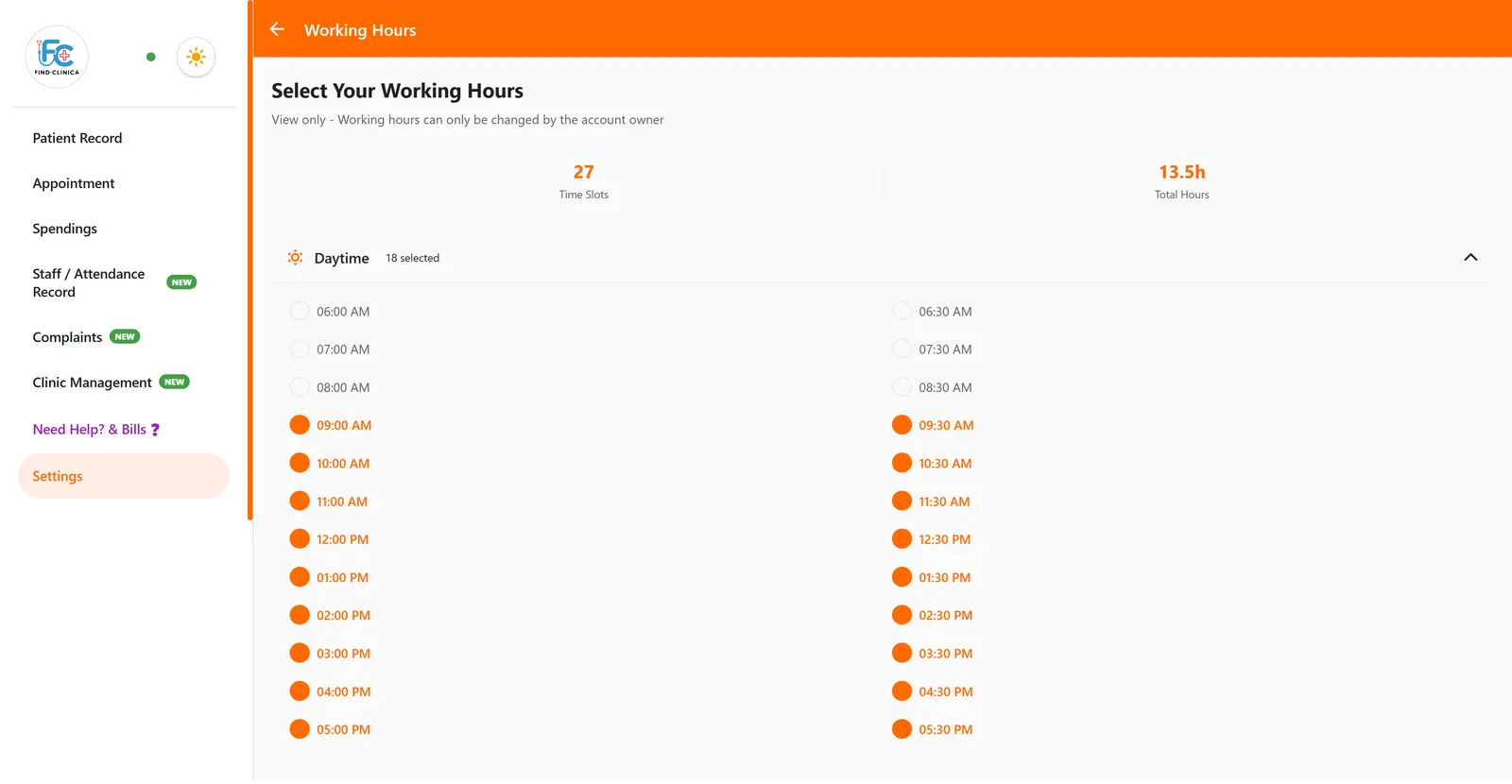 Working hours on a connected computer, view only, set by the account owner — FindClinica dentist & medical software