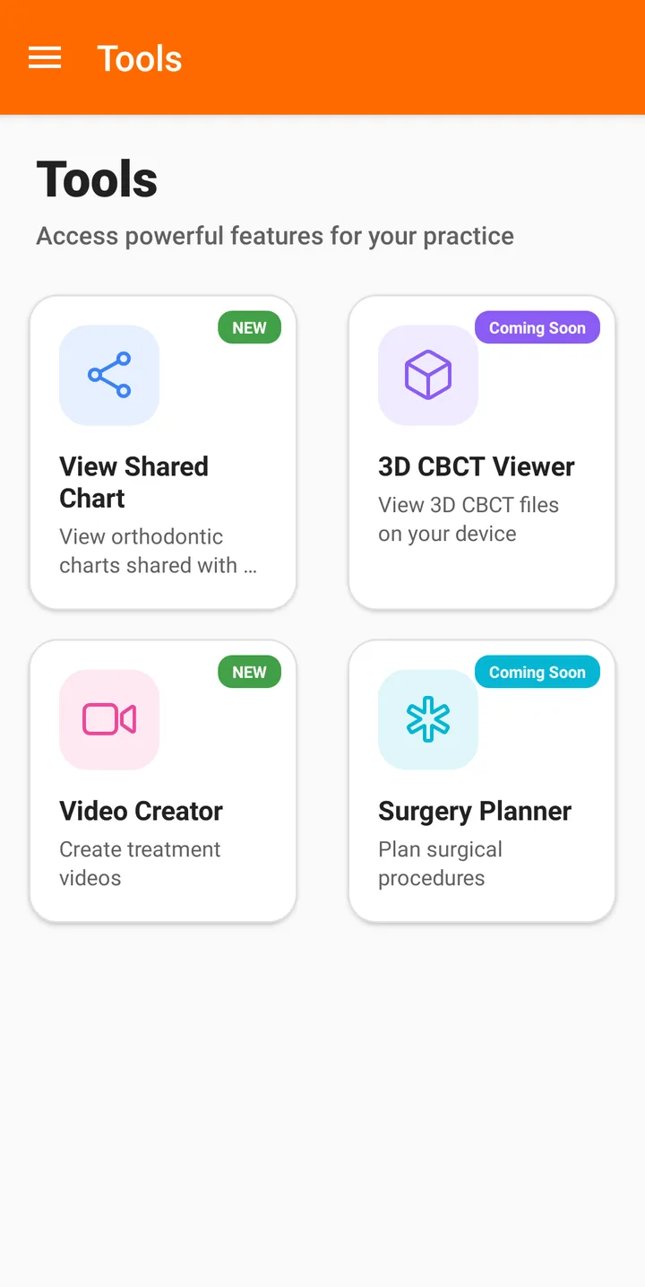 Tools screen on the FindClinica Android app with Video Creator and View Shared Chart — FindClinica dentist & medical software