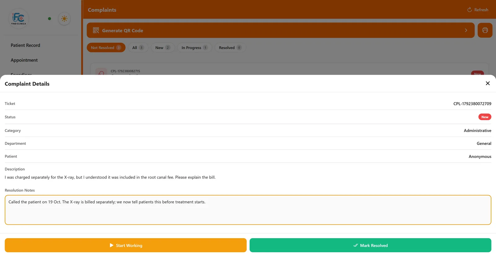 Complaint details in FindClinica with resolution notes and the Mark Resolved button — FindClinica dentist & medical software