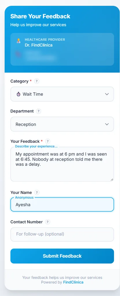 Patient feedback form opened from the complaint QR code on a phone — FindClinica dentist & medical software