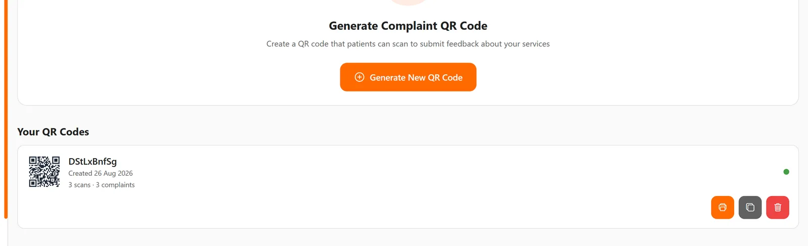 Generate Complaint QR Code screen with a QR code, its scans and complaints — FindClinica dentist & medical software