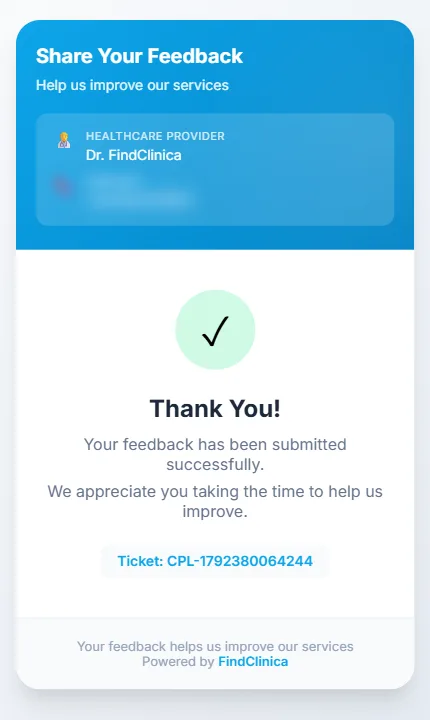 Thank-you screen with the complaint ticket number — FindClinica dentist & medical software