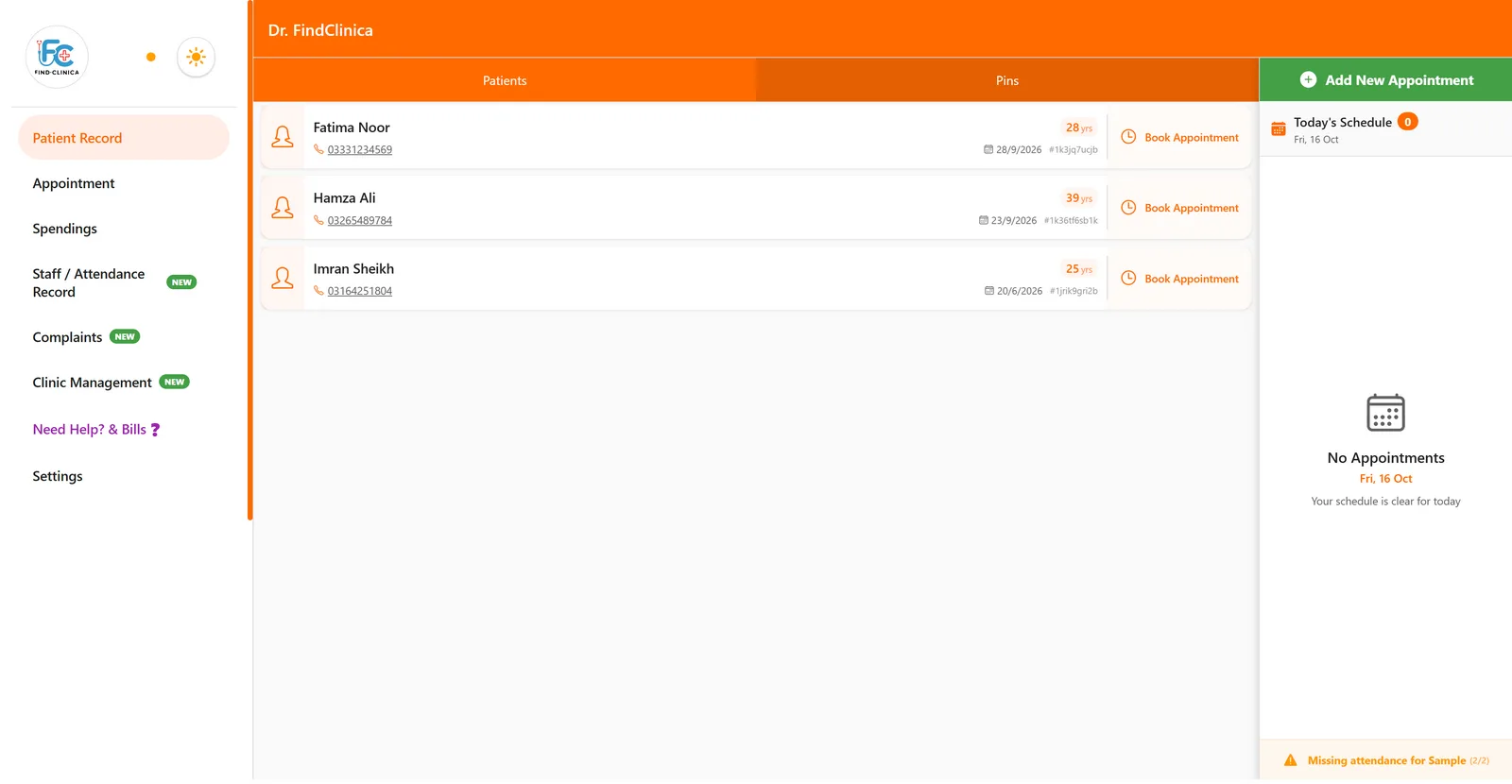 Pins tab on the FindClinica home screen with three pinned patients — FindClinica dentist & medical software