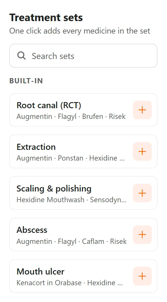 Built-in prescription sets for root canal, extraction, scaling, abscess and mouth ulcer — FindClinica dentist & medical software