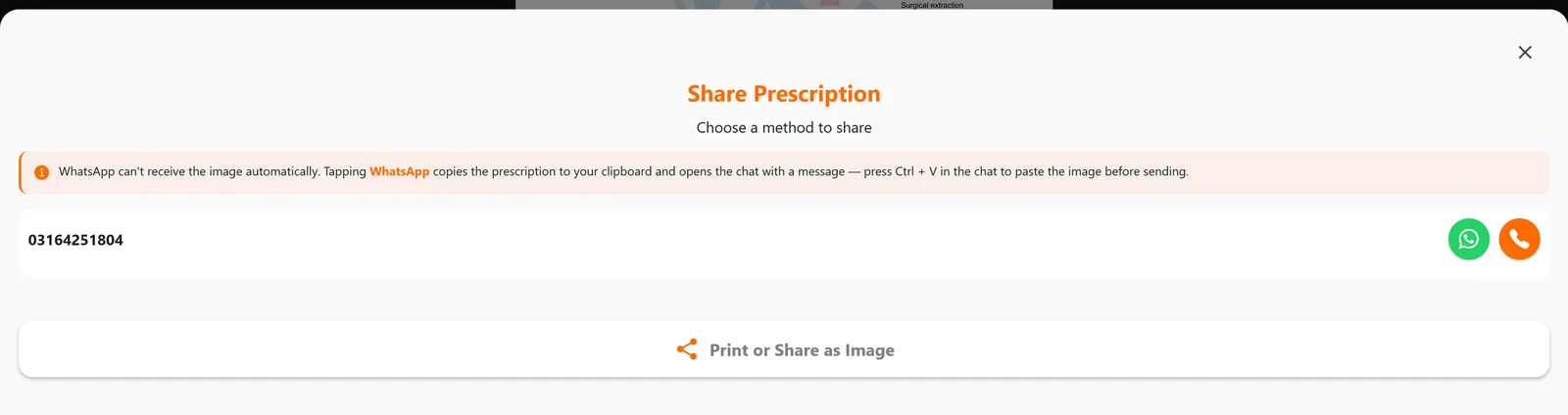 Share Prescription options: WhatsApp, text message and print or share as image — FindClinica dentist & medical software