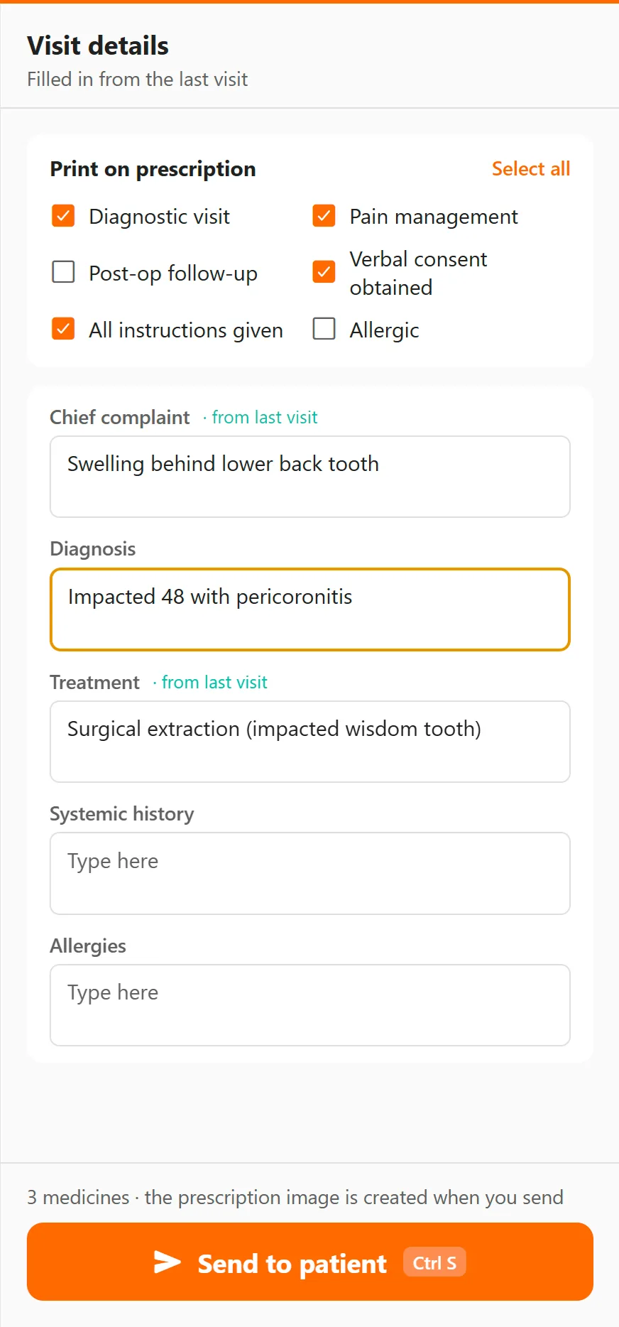 Visit details panel with print options, chief complaint, diagnosis and treatment — FindClinica dentist & medical software