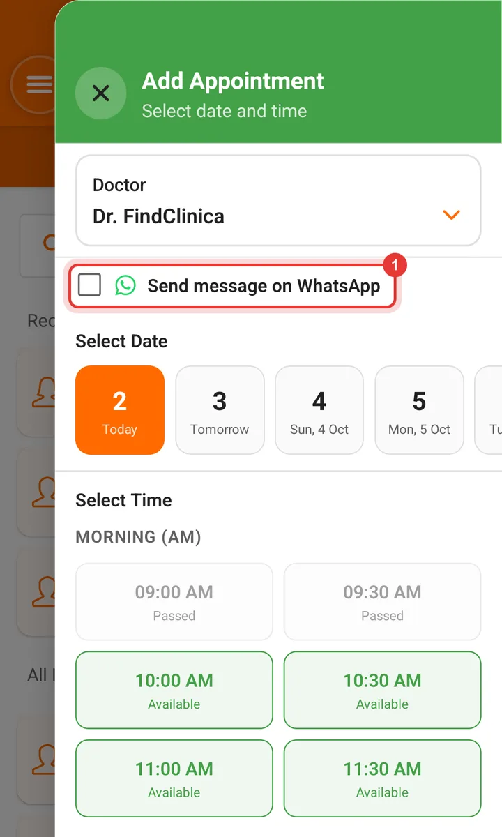 Add Appointment sheet with the Send message on WhatsApp checkbox highlighted — FindClinica dentist & medical software