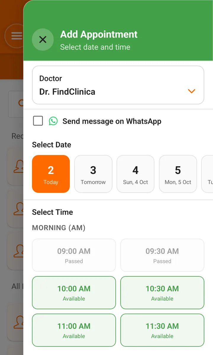 FindClinica Add Appointment screen on Android with the Send message on WhatsApp box, the doctor, dates and free time slots — FindClinica dentist & medical software