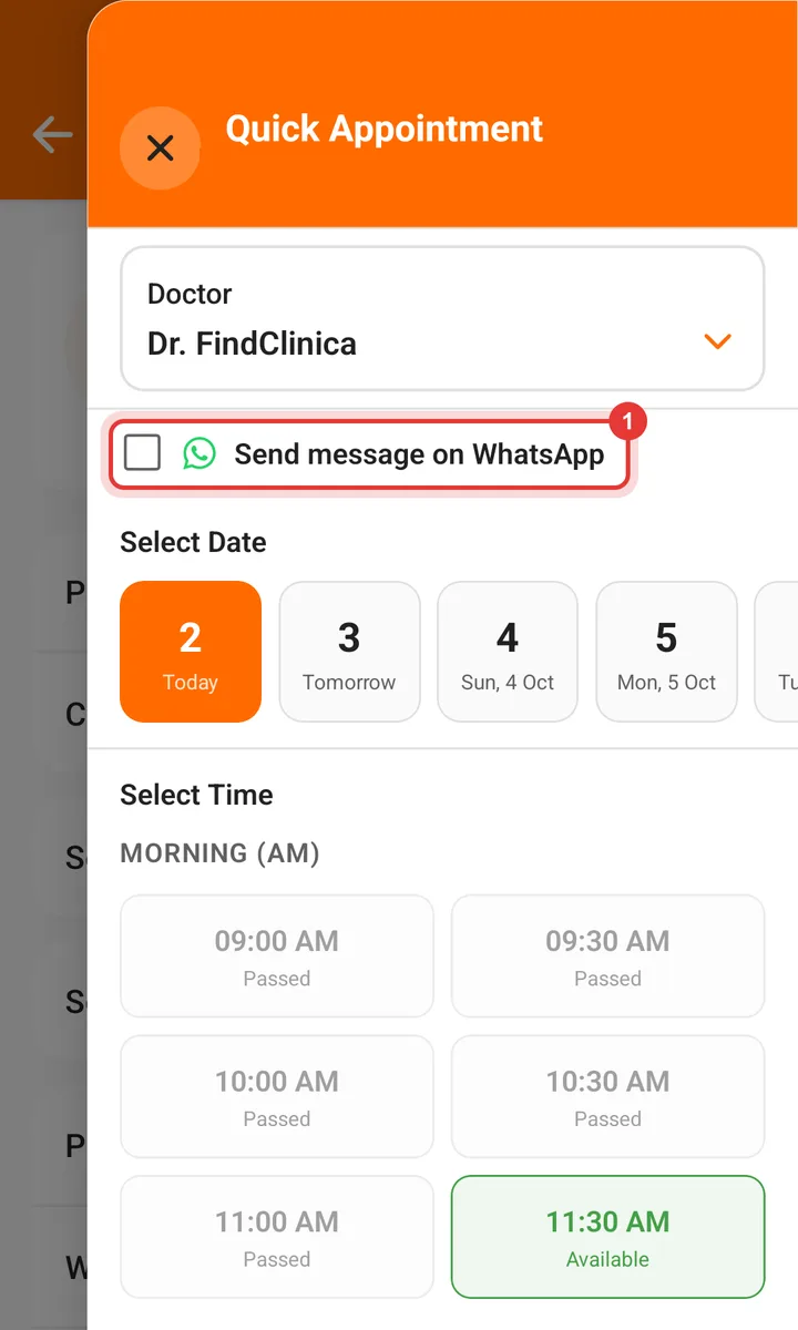 Quick Appointment sheet for an existing patient with the Send message on WhatsApp box highlighted — FindClinica dentist & medical software