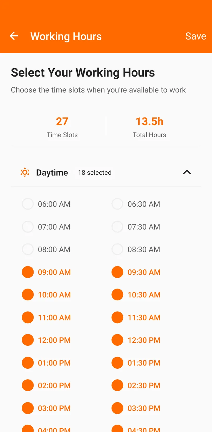 Working Hours screen in the FindClinica Android app with half-hour slots from 9 AM ticked — FindClinica dentist & medical software