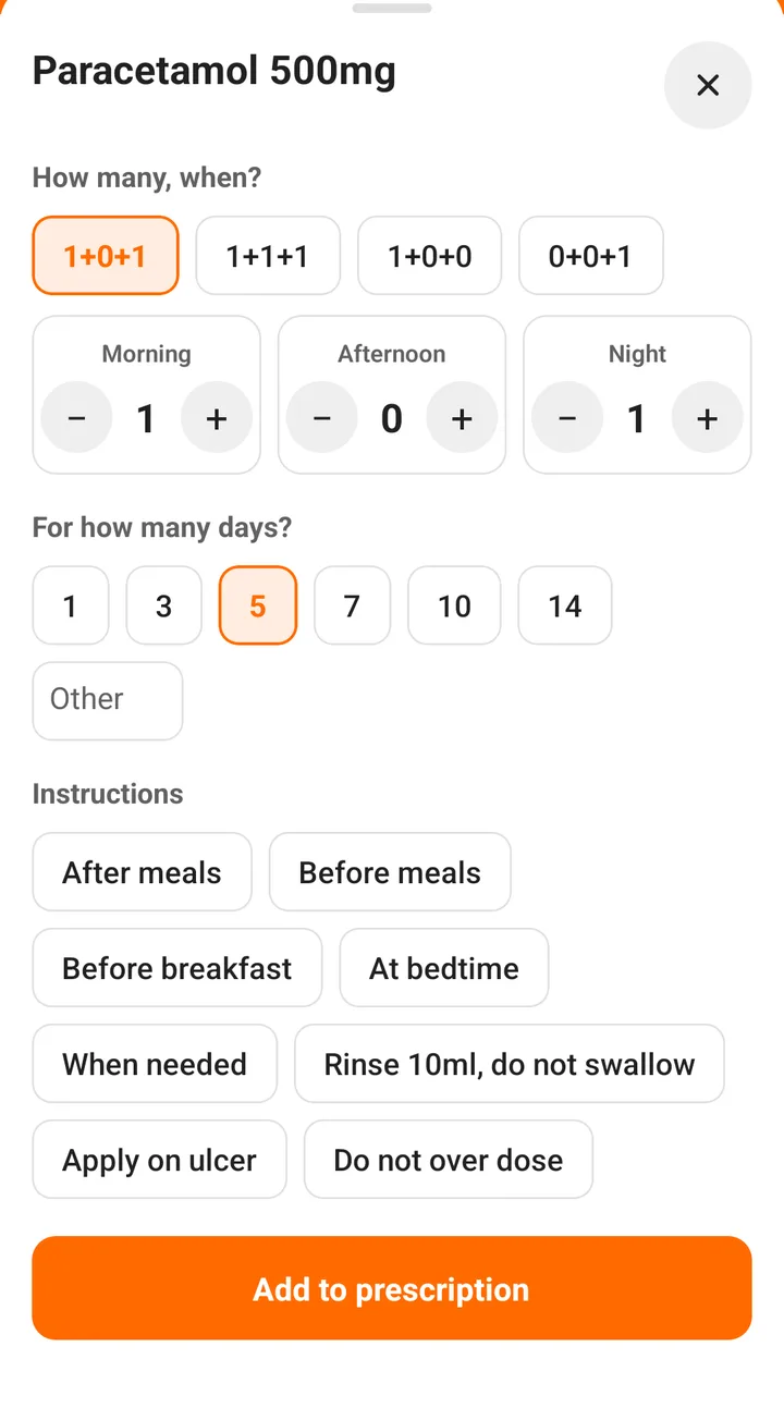 Dose sheet for Paracetamol 500mg with 1+0+1, 5 days and instruction buttons — FindClinica dentist & medical software