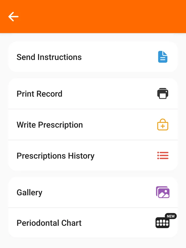 The patient menu in the FindClinica Android app with Write Prescription and Prescriptions History — FindClinica dentist & medical software