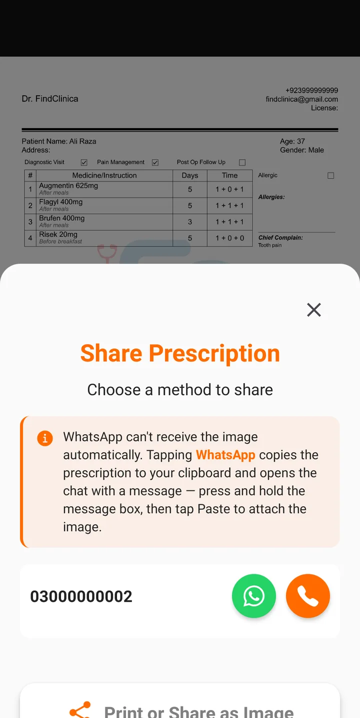 FindClinica Share Prescription screen on Android with the WhatsApp button next to the patient's number — FindClinica dentist & medical software