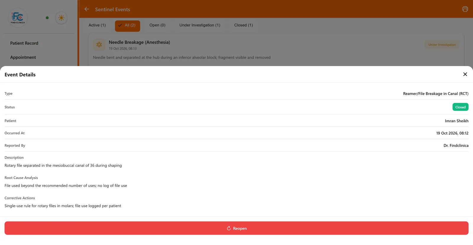A sentinel event in FindClinica: file breakage during root canal, with root cause and corrective actions, marked closed — FindClinica dentist & medical software