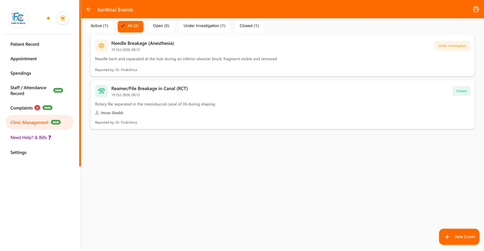 Sentinel events list in FindClinica with one event under investigation and one closed — FindClinica dentist & medical software